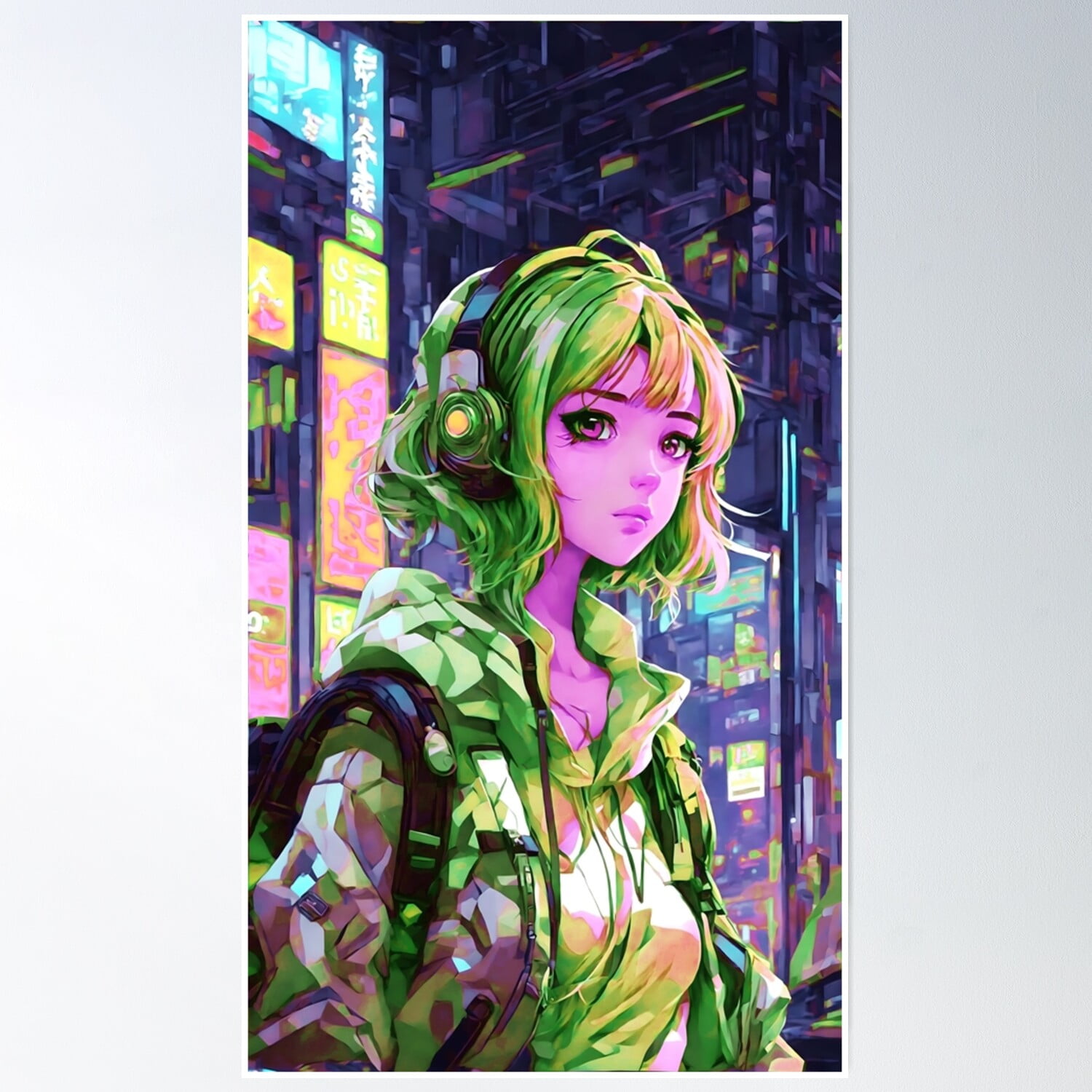 Cyber Preppy Kawaii Hoodie Headphone Anime Girl Poster Wall Art, Modern