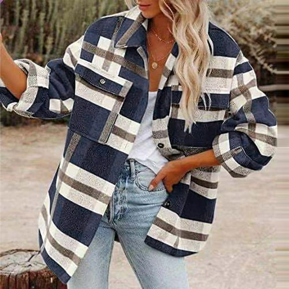 Cyber Sale 2024 Plaid Jackets for Women,Women's Winter Flannel Plaid Shacket Casual Long Sleeve Button Shirts Jacket Trendy Front Pockets Lapel Collar Coats with Side Pockets