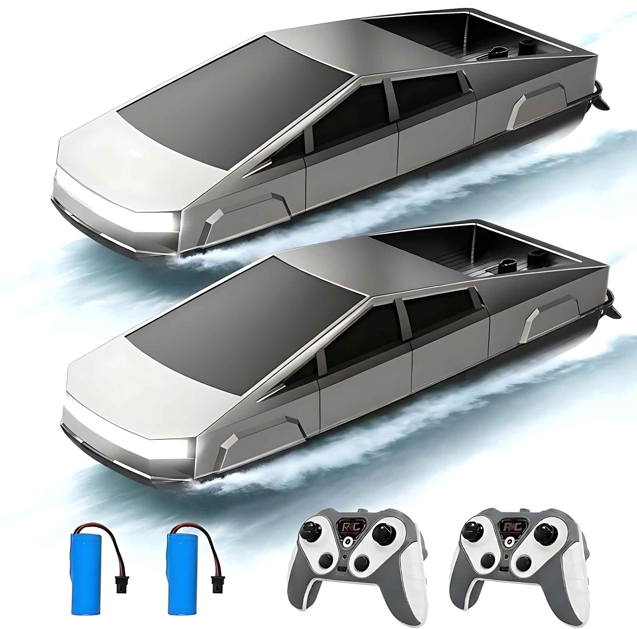 Tigozz Cyber Style RC Boat for Pools and Lakes, Fast Remote Control Boat with Dual Motors and LED Lights, Silver Speedboat Toy for Kids Ages 8+