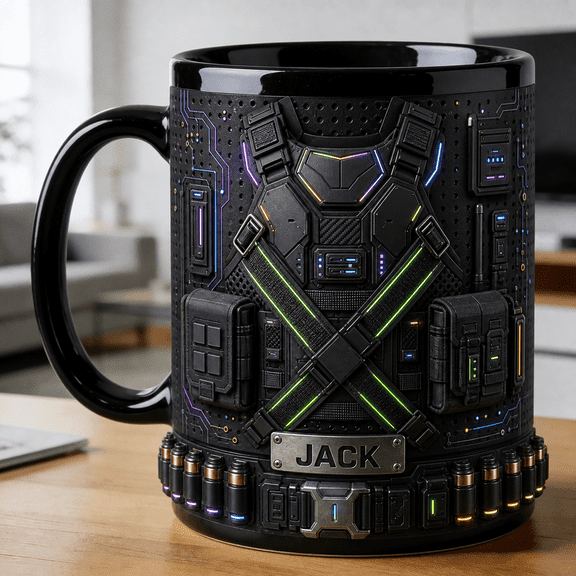 Cyber Tactical Accent Mug Custom Dad Gift with Black Armor, Digital Panel & Neon Straps