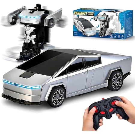 Cyber Truck Pickup Transforming Remote Control Car for Kids, 2.4GHz RC Robot Toy for Boys Age 4-12 with One-Button Deformation and LED Lights