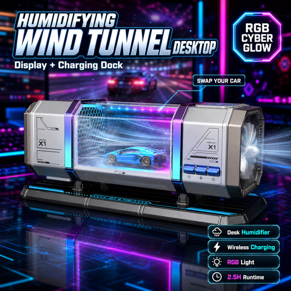 Cyber Wind Tunnel Desk Humidifier | Interactive Supercar Display + RGB Ambient Light + Wireless Charging + Aromatherapy Desk Tech Hub