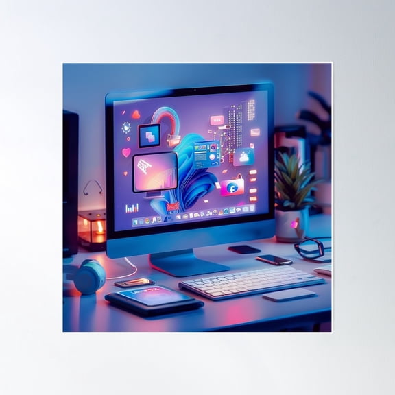 Cyber World Desk Setup Poster Wall Art, Modern Wall Decor, 16x16 UNFRAMED