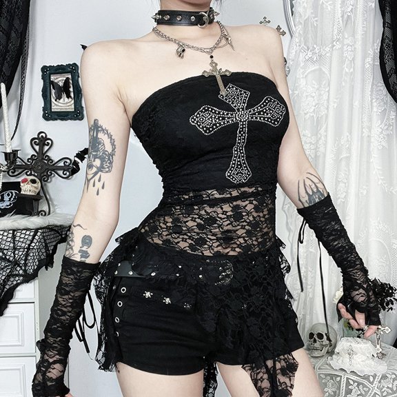 Cyber Y2K Fashion Cross Rhinestone Strapless Corset Tops Sexy Lace Patchwork Ruffles Tanks Top Women Mall Gothic Vests
