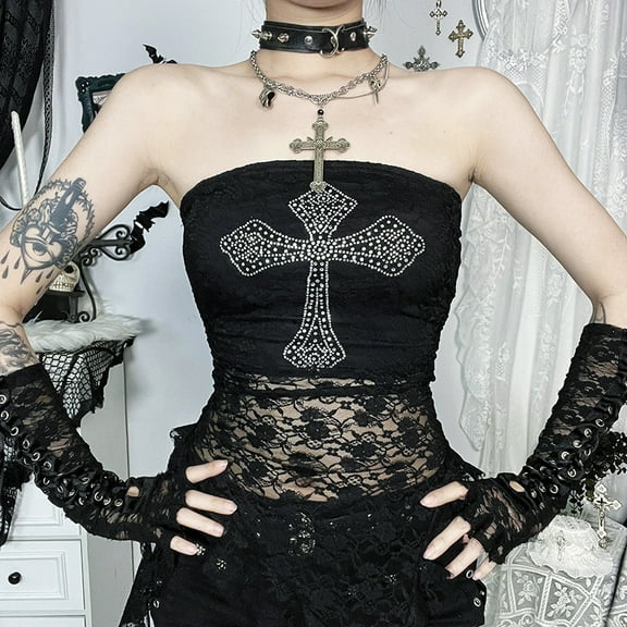 Cyber Y2K Fashion Cross Rhinestone Strapless Corset Tops Sexy Lace Patchwork Ruffles Tanks Top Women Mall Gothic Vests