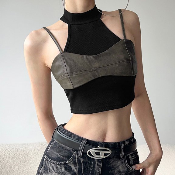 Cyber Y2K Faux Pu Leather Patchwork Crop Tops Women 90s Streetwear Mall Gothic Tank Top Grunge Trim High Neck Vests