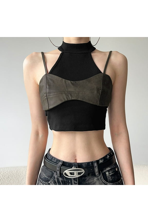 Cyber Y2K Faux Pu Leather Patchwork Crop Tops Women 90s Streetwear Mall Gothic Tank Top Grunge Trim High Neck Vests