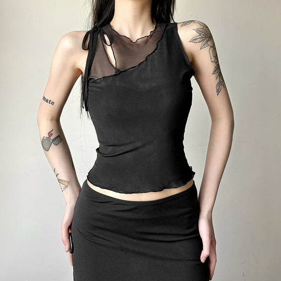 Cyber Y2K Mesh See Through Tank Top Women Fashion Slim Lace-up Vest Blouse Mall Gothic Sleeveless Summer Sheer Tanks