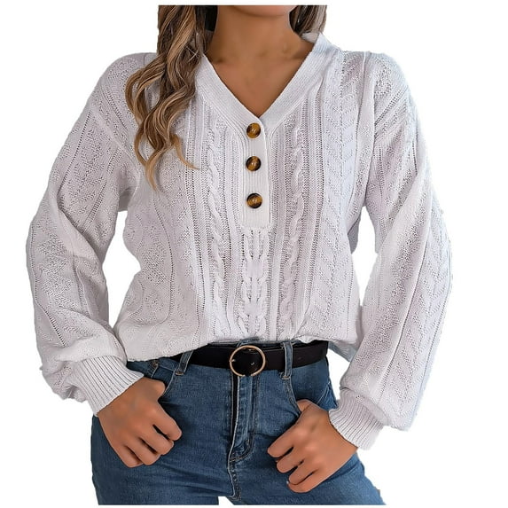 Buigttklop Sweaters for Women Women'S Casual V-Neck Button Hollowed Out Lantern Sleeve Top