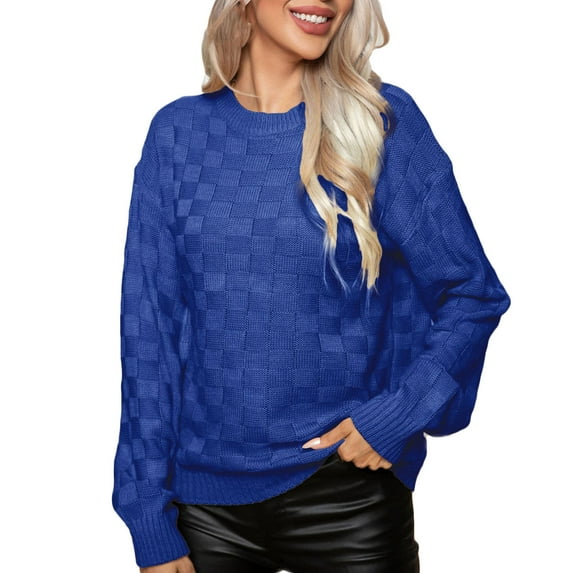 Cyber and Monday Deals Clearance Sale BUIgtTklOP Sweaters for Women Clearance Women's Solid Plaid Round Neck Sweater Casual Pullover Long Sleeve Knit