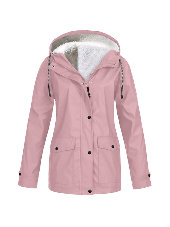 Cyber and Monday Womens Clothing Under 10.00 Fayshow0 Women鈥橲 Solid Rain Jacket Outdoor Jackets Hooded Raincoat Windproof,Pink S