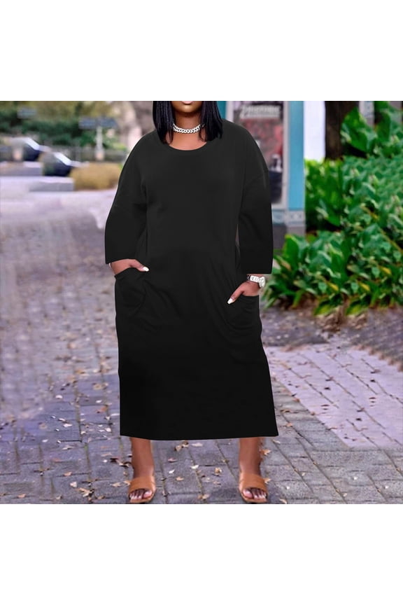 Women Dress Plus-Size Dress Casual Solid Color Loose Dress Short-Sleeved Crew Neck Dress Knee-Length Dress