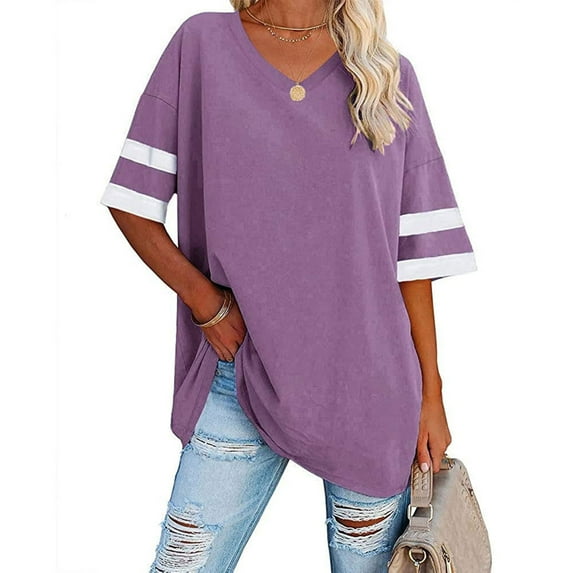 pstuiky T-Shirts Shirts for Women, Women Solid Color Splicing Top Loose Short Sleeve V-Neck Top T-Shirt Short Sleeve Tunic Top Leisure Purple M