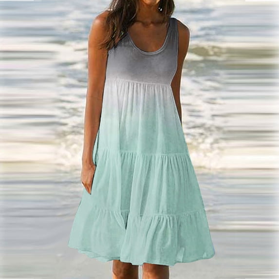 Cyber_monday Deals!pstuiky Sun Dresses for Women 2024, Womens Summer Sleeveless Crewneck Swing Sundress Fit & Gradient Print Sleeveless Party Beach Dress Leisure Dress on Sale Green