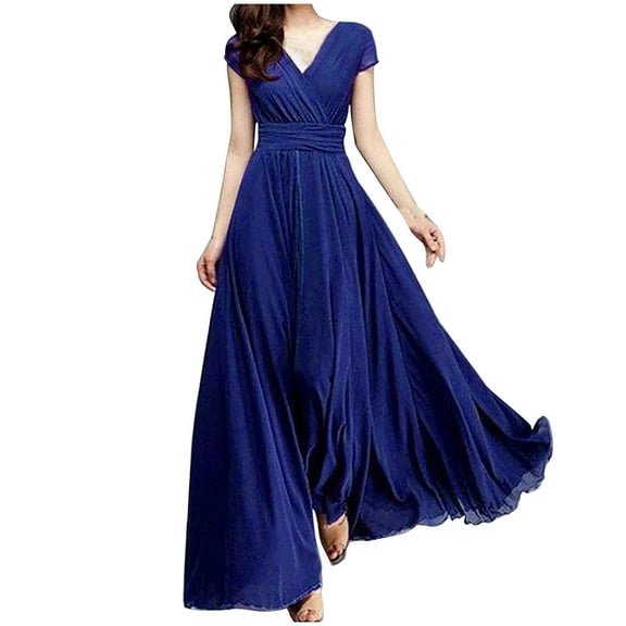 LYXSSBYX Summer Dresses for Women Women's V-NeckSolid Color Short Sleeve Chiffon Waist Closing Evening Dress
