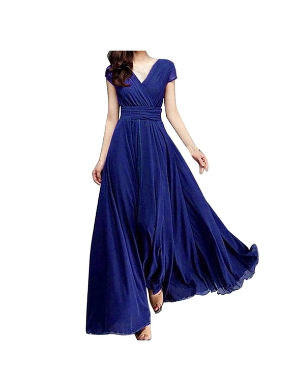 Summer Dresses for Women Women's V-NeckSolid Color Short Sleeve Chiffon Waist Closing Evening Dress