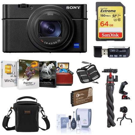 Cyber-shot DSC-RX100 VII Digital Camera - Bundle With 64GB SDXC U3 Card, Table top Tripod, Camera Case, Spare Battery, Memory Wallet, Cleaning Kit, Card Reader, Mac Software Package