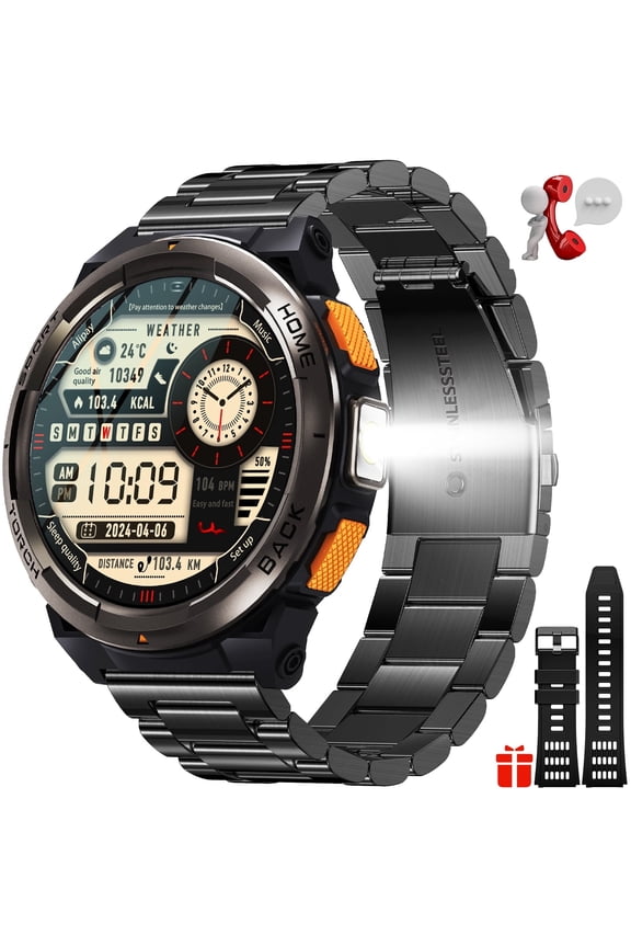 3ATM Waterproof Military Smart Watches for Men with LED Flashlight 1.45’’ HD Rugged Tactical Smartwatch(Answer/Make Call) with Compass Altitude Barometer Fitness Tracker for iPhone Android