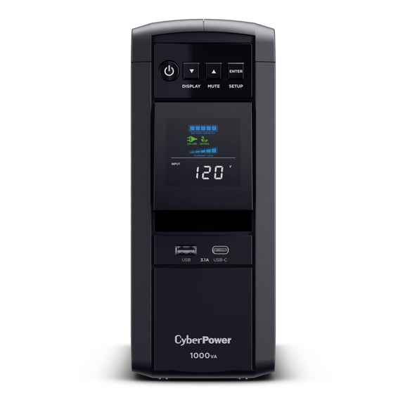 CyberPower CP1000PFCLCD UPS, 1000VA/600W, 120V, 10 Outlets, LCD Display, AVR, USB-A & USB-C, Black