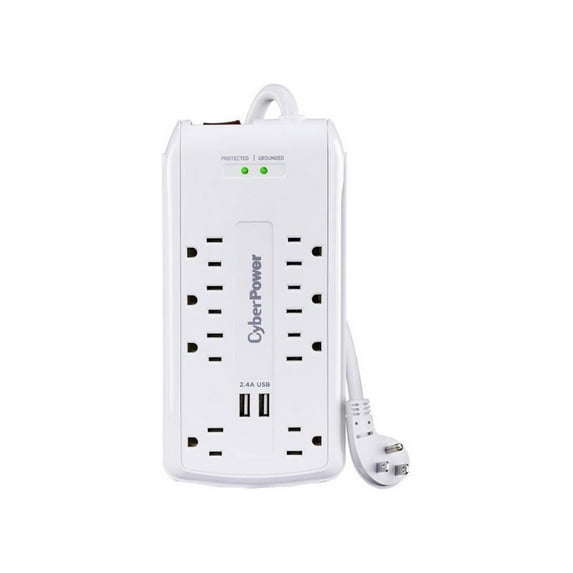 CyberPower CSP806U Professional 8 - Outlet Surge with 3000 J - Clamping Voltage 600V, 6 ft, NEMA 5-15P, 15 Amp, 2 - 2.4 Amps (Shared) USB, EMI/RFI Filtration, White, RG6 Coaxial Protection, Lifetime