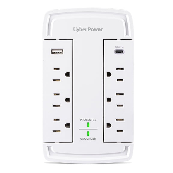 CyberPower CSP6WSUC 6-Outlet Wall-Tap Surge Protector with USB-A and USB-C Port, White
