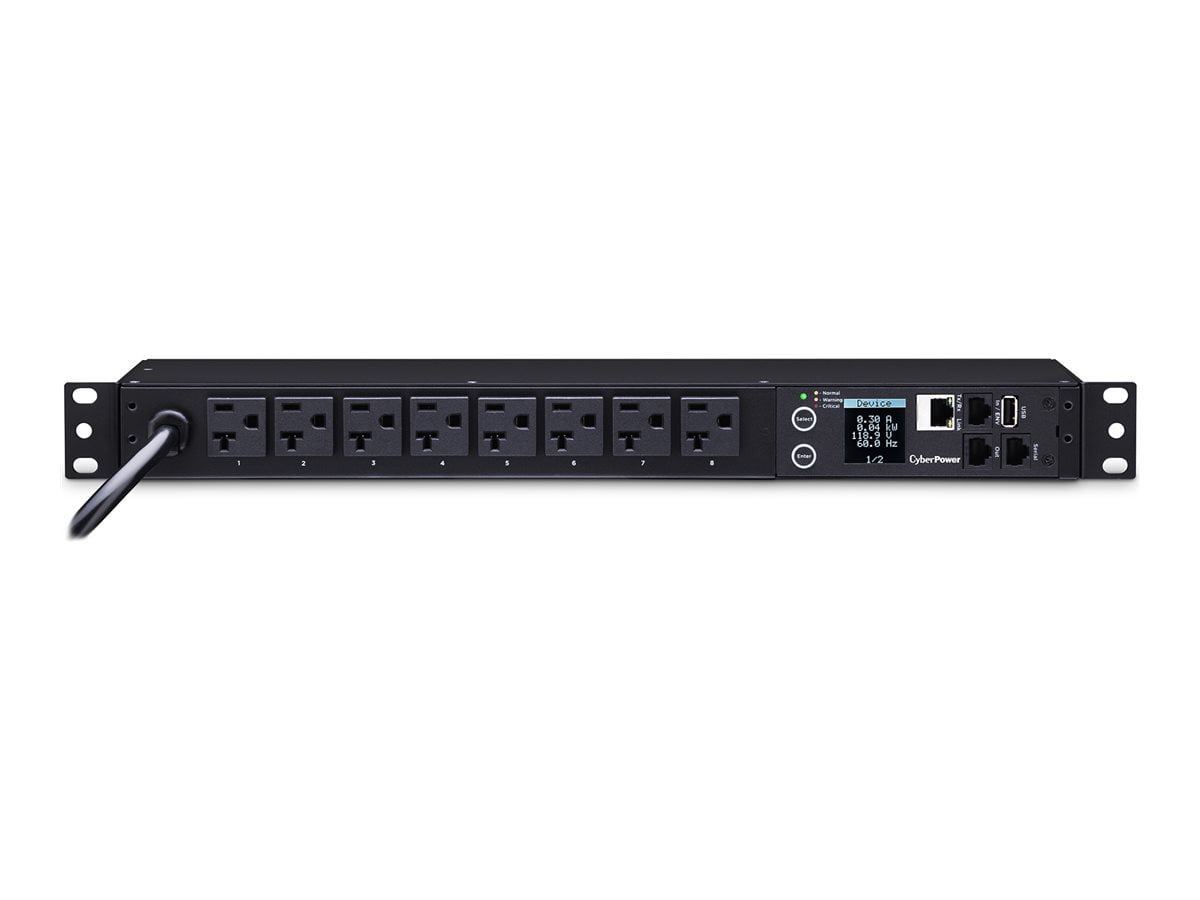 CyberPower PDU31002 100 - 120 VAC 20A Monitored PDU - 8 Outlets, 12 ft, NEMA L5-20P (5-20P Adapter), Horizontal, 1U, LCD, 3YR Warranty
