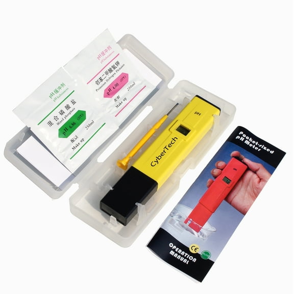 CyberTech Digital Pocket Size pH Meter/Water Quality Tester for Aquariums, Swimming Pools, PH 0-14.0 Measuring Range, 0.1 PH Resolution, Includes 2 Packs of Calibration Solution Mixtures