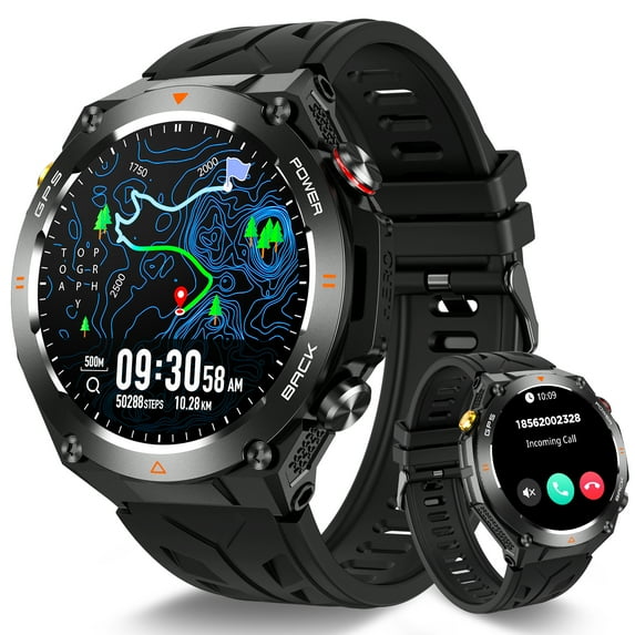 Cyberdyer KC82 Smart Watch for Men with Built-in GPS Rugged Smart Watch with Compass/Barometer 1.45” Waterproof Smartwatch with 100+ Sports Modes Watch Compatible with iOS Android, 1pc