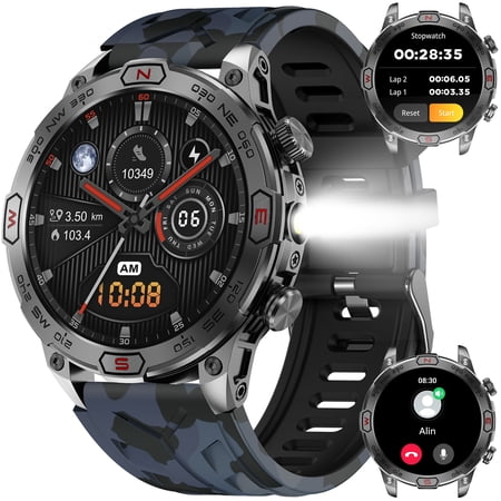Cyberdyer KC86 Smart Watches for Men (Answer/Make Calls) LED Flashlight, Outdoor Smartwatch with Compass 100+Sports Modes, 450mAh 1.43"AMOLED Screen Watch Compatible with Android iOS, 1pc