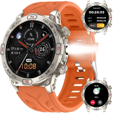 Cyberdyer KC86 Smart Watches for Men (Answer/Make Calls) LED Flashlight, Outdoor Smartwatch with Compass 100+Sports Modes, 450mAh 1.43"AMOLED Screen Watch Compatible with Android iOS, 1pc