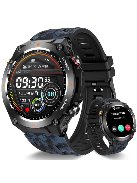 KC82 Smart Watch for Men with Built-in GPS Rugged Smart Watch with Compass/Barometer 1.45” Waterproof Smartwatch with 100+ Sports Modes Watch Compatible with iOS Android, 1pc