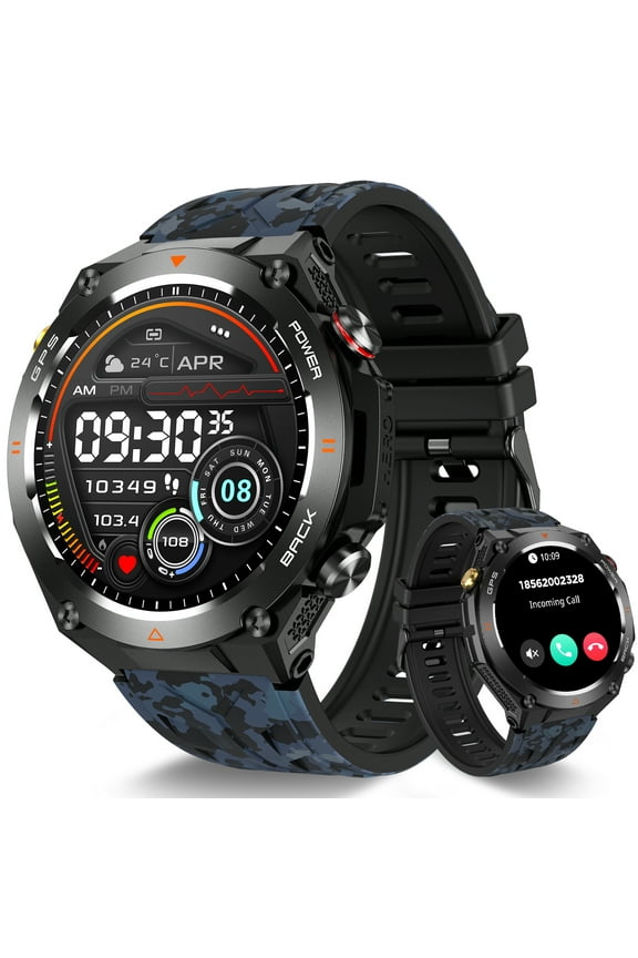 KC82 Smart Watch for Men with Built-in GPS Rugged Smart Watch with Compass/Barometer 1.45” Waterproof Smartwatch with 100+ Sports Modes Watch Compatible with iOS Android, 1pc