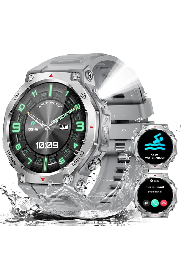 KT85 Smartwatch for Man with Flashlight, 5ATM Waterproof Smart Watch with Wireless Calling, 1.43’’ AMOLED Screen Watch Compatible with iOS & Android, 1pc