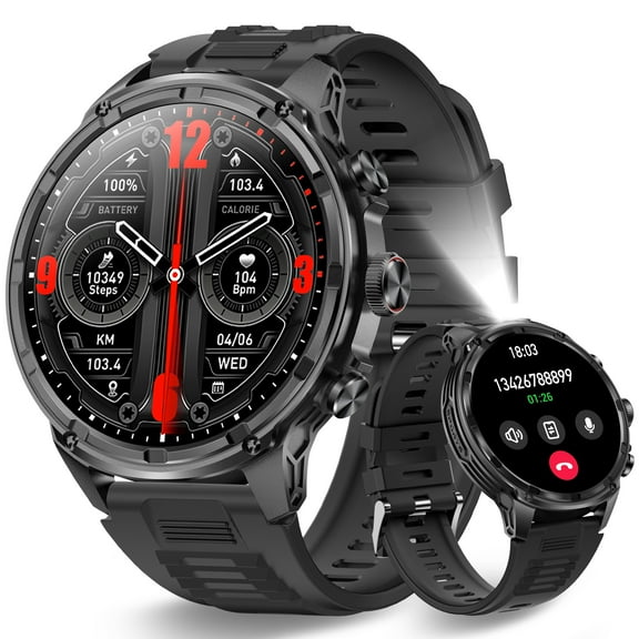 Cyberdyer Men's Smart Watch with Flashlight, 1.85" HD Screen, 100+ Sports Modes, IP67 Waterproof, 40-Day Standby, Compatible with iPhone & Android, Holiday Gift