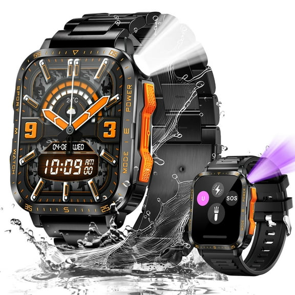 Cyberdyer Men's Smart Watch with LED Flashlight & UV Light, 1.96" HD Screen, 100+ Sports Modes, 3ATM Waterproof, 15-Day Standby, Compatible with iPhone & Android, Holiday Gift