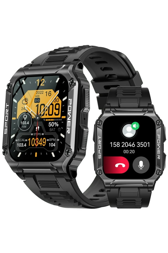 Military Smart Watch Bluetooth 1.95 mm Black Zinc Alloy Case with Black Silicone Band