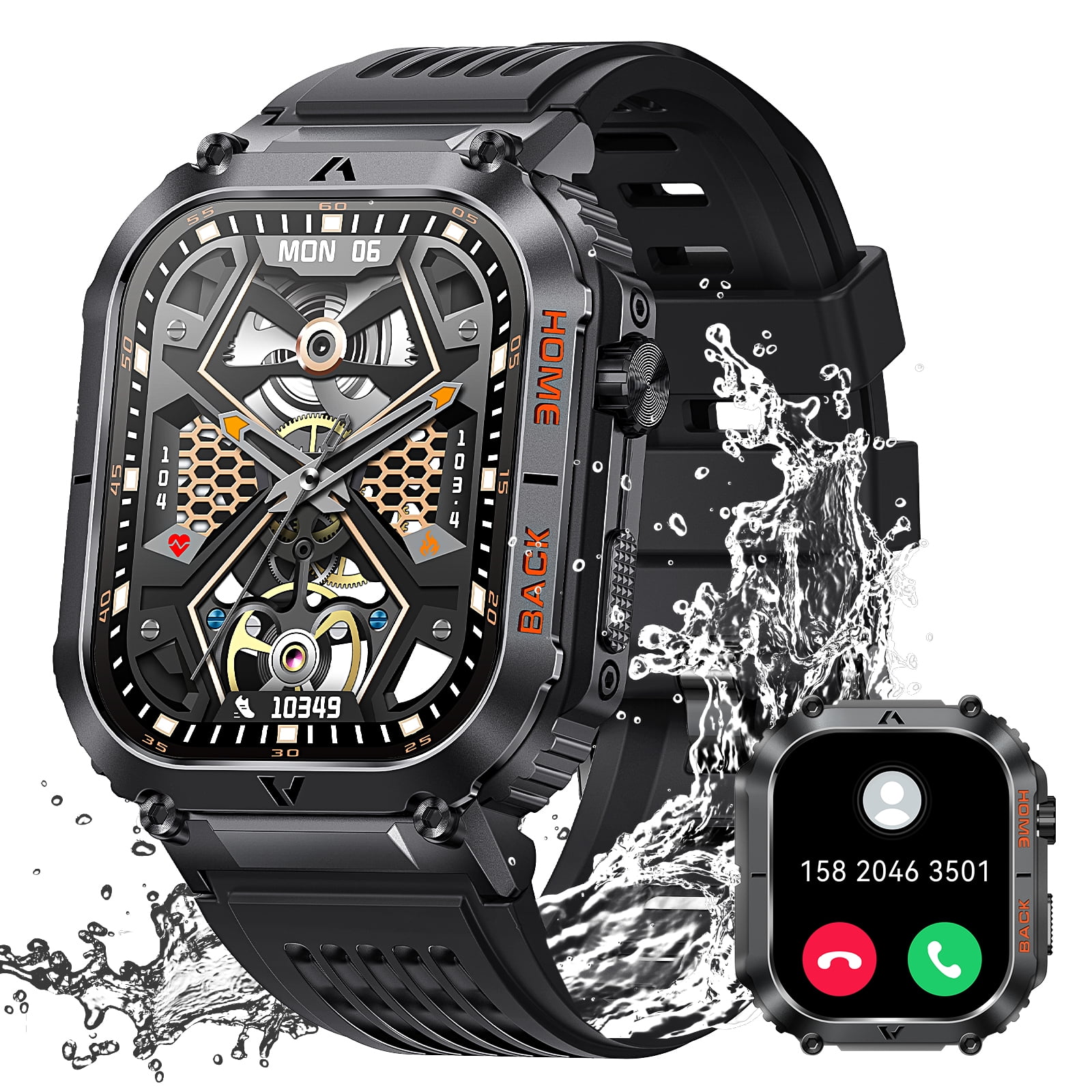 Cyberdyer Military Waterproof, Rugged, Compass Fitness 2.02" Black Case with Black Band Smart Watch