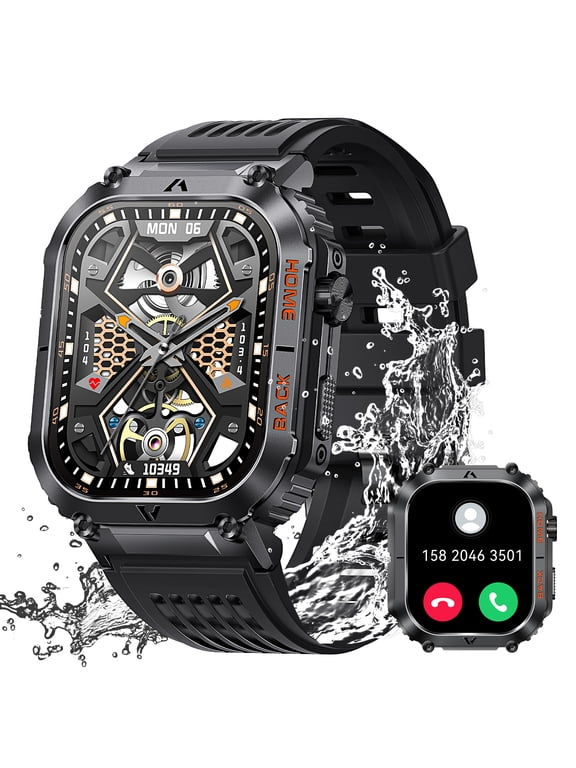 Military Waterproof, Rugged, Compass Fitness 2.02" Black Case with Black Band Smart Watch