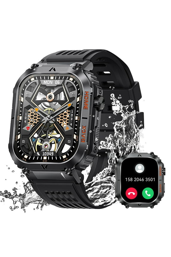 Military Waterproof, Rugged, Compass Fitness 2.02" Black Case with Black Band Smart Watch
