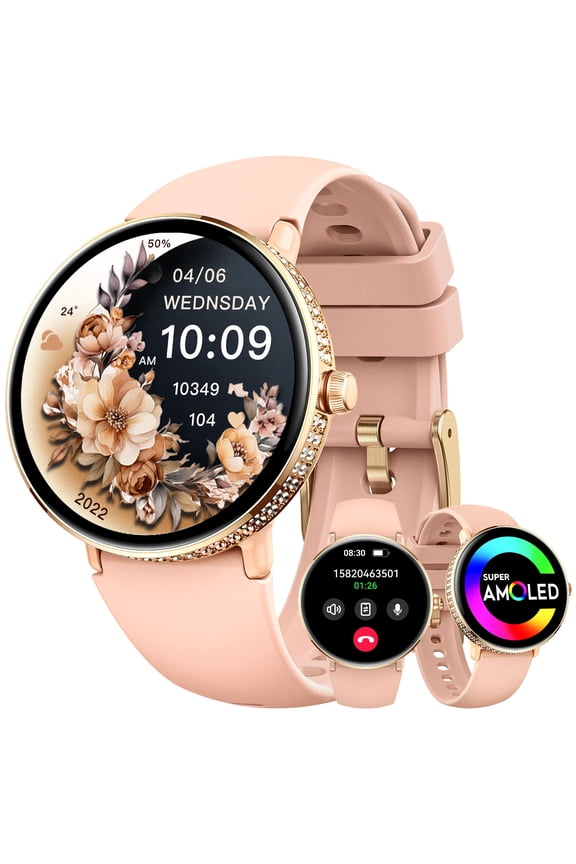S76 Smart Watches for Women with Diamonds (Make/Answer Call), 1.19" AMOLED Screen Smart Watch, 100+ Sport Modes Waterproof Smartwatch with Various Dials Compatible with iOS Android, 1pc