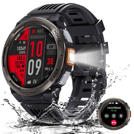 Cyberdyer Smart Watch for Men 3ATM Waterproof with LED Flashlight 1.45" Outdoor Smartwatch with Compass Elevation Barometer Sports Watch for iPhone Android