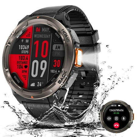 Cyberdyer Smart Watch for Men 3ATM Waterproof with LED Flashlight 1.45" Outdoor Smartwatch with Compass Elevation Barometer Sports Watch for iPhone Android