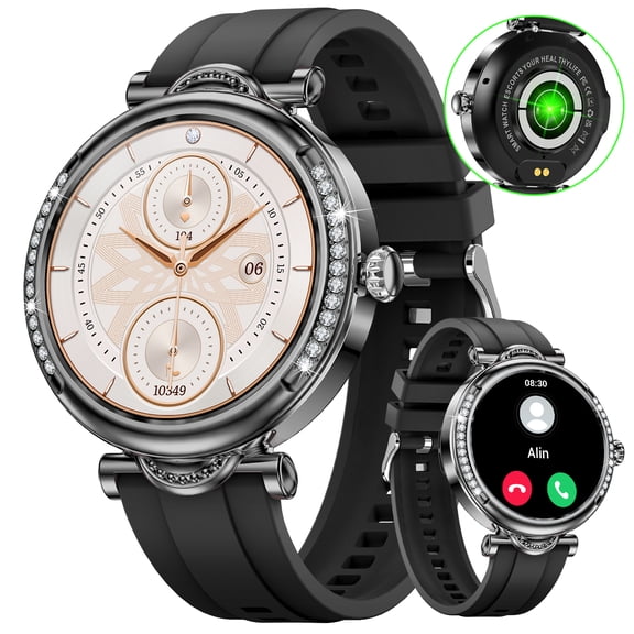 Cyberdyer Smart Watch for Women, 1.27" HD Full Touch Screen Diamond-Studded, Bluetooth Call Answer/Make, 100+ Sports Modes, IP67 Waterproof, Compatible with iOS Android Phones