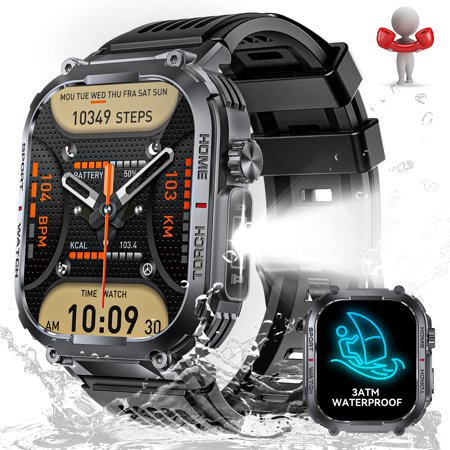 Cyberdyer Smart Watch for Men, 3ATM Waterproof with LED Flashlight, 2.02" HD Big Screen Rugged Sport Smartwatch with Compass, for iPhone Android