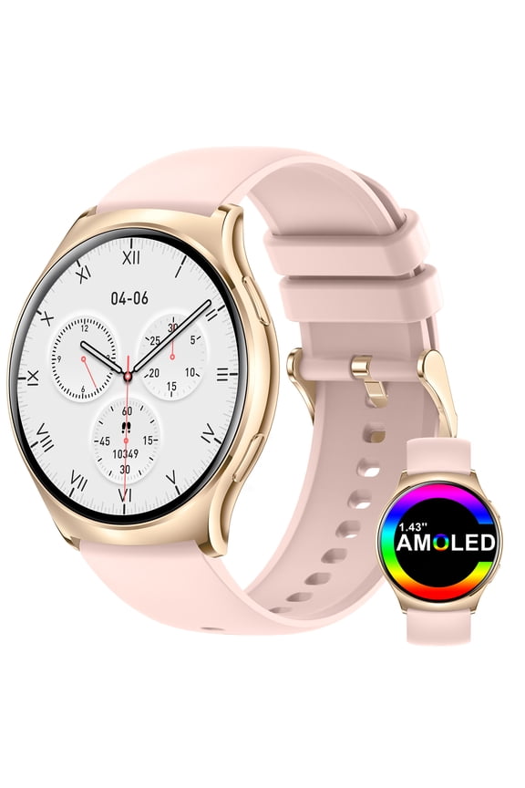 Smart Watch for Women, 1.43" AMOLED HD Touch Screen, Bluetooth Call, 100+ Sports Modes, IP67 Waterproof, Compatible with iOS Android (Pink)