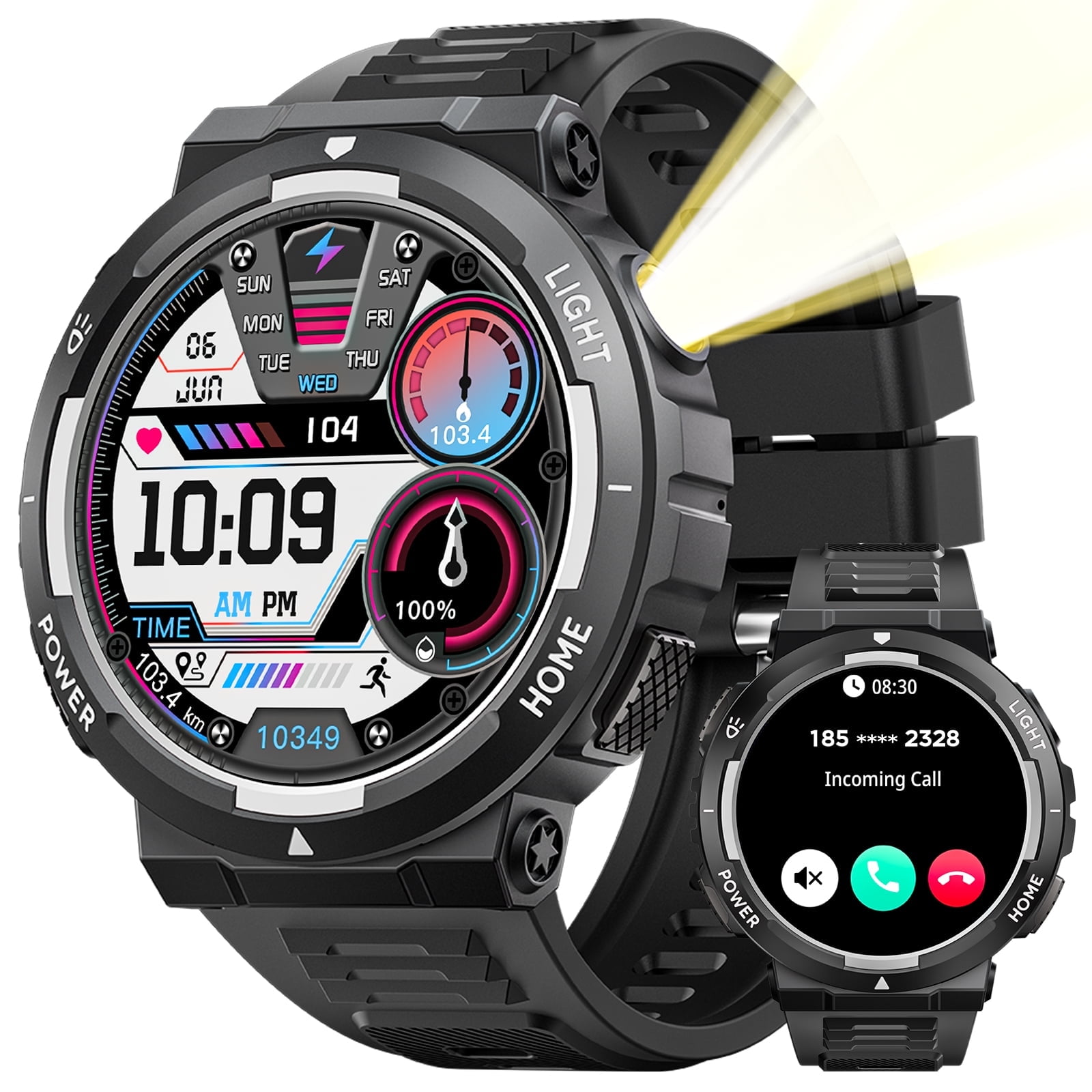Cyberdyer Sports Smart Watch for Men(Answer/Dial Calls) with Flashlight, 3ATM Waterproof 1.53'' Screen Big Battery Rugged Smartwatch, 100+ Sport Modes Fitness Tracker for iPhone Android