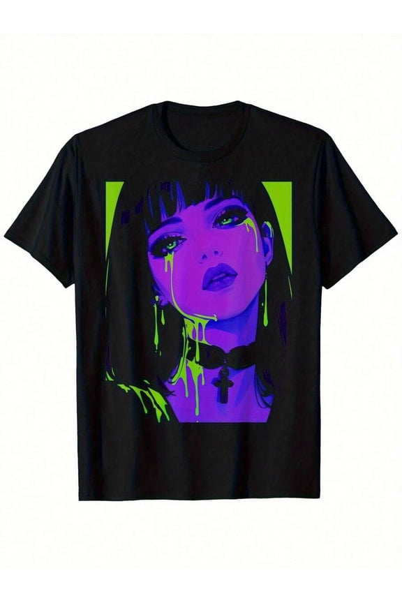 Cybergoth Cybercore Gothic Anime Graphic Tee - Black With Neon Purple & Green Accent Eyes - Heavy Metal Concerts, Cosplay, Everyday Streetwear - Soft Cotton Unisex Shirt For Men & Women - Cyberpunk G