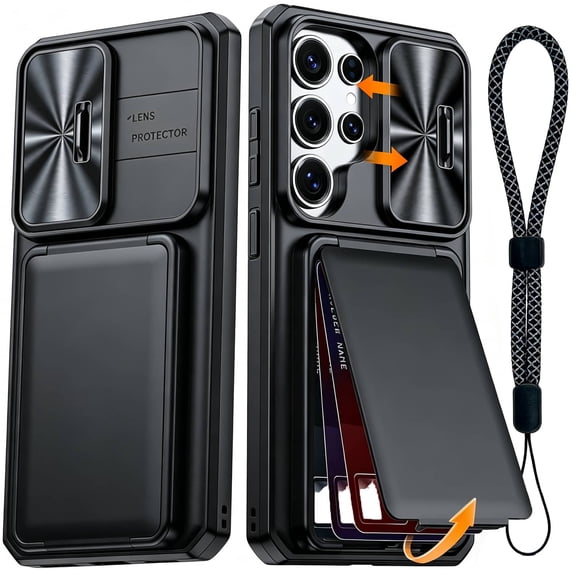 Cyberland Wallet Case for Samsung Galaxy S25 Ultra 6.9" 2025, Card Holder 3-4 Slots, Slide Camera Cover, Kickstand, Wrist Strap Lanyard, Rugged Protective Cover