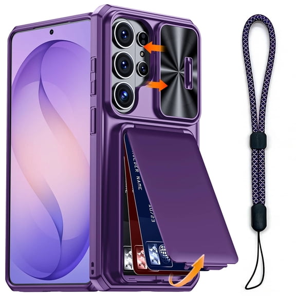Cyberland Wallet Case for Samsung Galaxy S25 Ultra 6.9" 2025, Card Holder 3-4 Slots, Slide Camera Cover, Kickstand, Wrist Strap Lanyard, Rugged Protective Cover