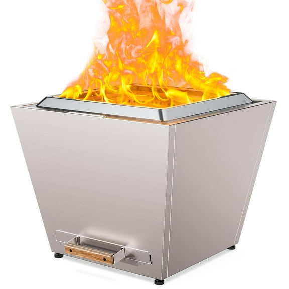 Cyberpit One Pro 25 inch Smokeless Fire Pit, w/Pull-Out Ash Pan, Portable Outdoor Firepits, Carry Handle for Backyard Patio Camping, Stainless Steel, Silver